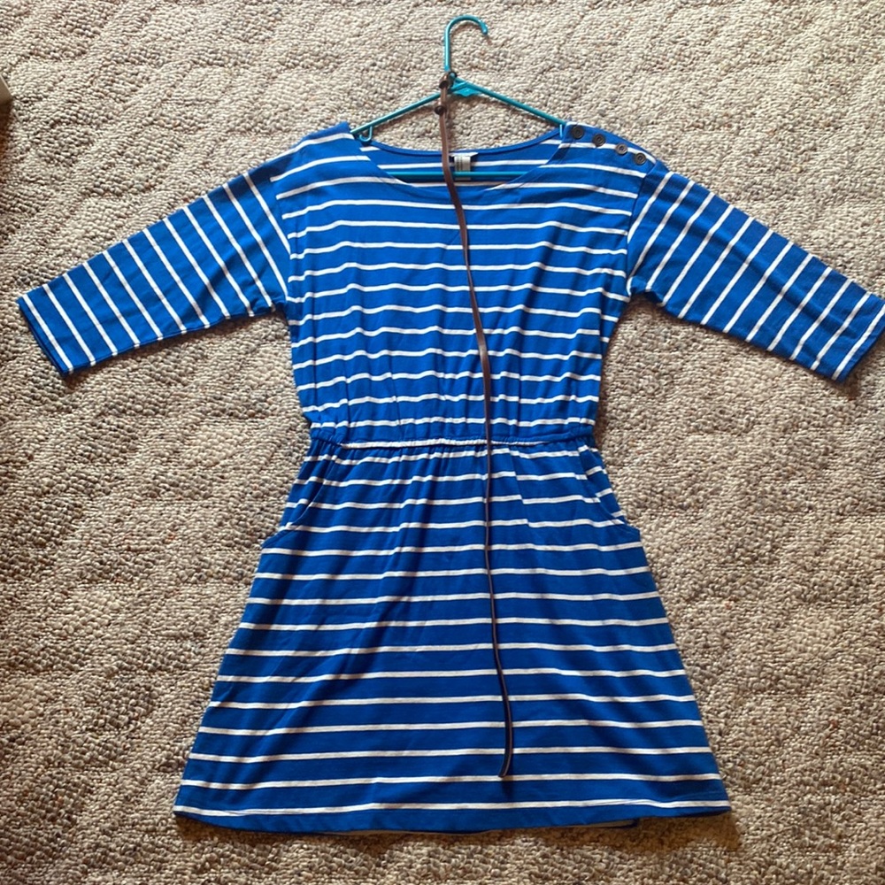Forever 21 blue/white striped dress with brown waist belt